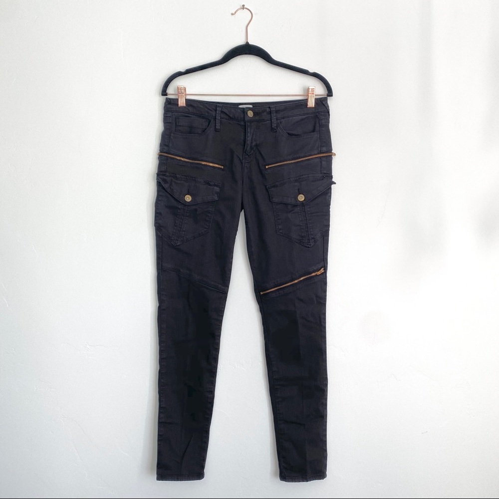 PYLO Black Moto Gold Zipper 7 Pocket Eco Friendly Mid Rise Cargo Skinny Jeans